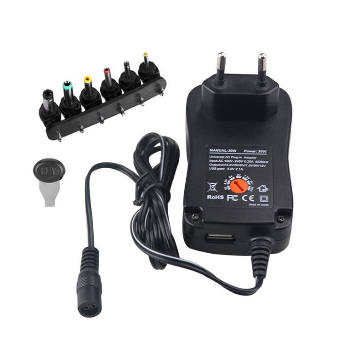 Alimentatore Universale - Multispina - da 3 a 12 V - 30 W - con Connettore Usb 5
