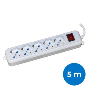 Multipresa - 5 Prese Universali Ita/Shuko 10/16 A - con Spina 16 A - con Interruttore - con Cavo di 5 m - Bianco