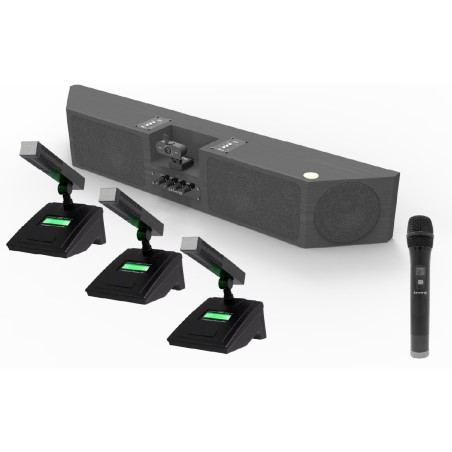 Soundbar con webcam e 4 radio microfoni da tavolo inclusi - Ideale per gruppi di lavoro o sale meeting - Pile microfono Escluse