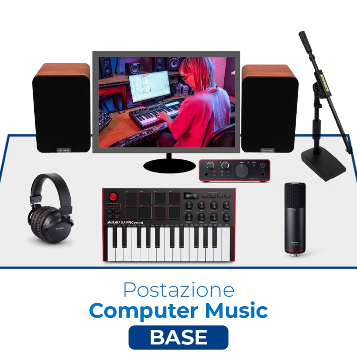 Postazione Computer Music Basic - con Bundle, Casse Audio, Tastiera Midi, Asta da Tavolo e Cavi Audio Adattatori