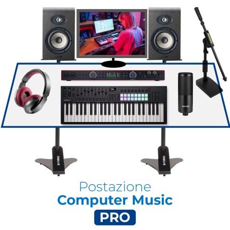 Postazione Computer Music Pro - con Scheda e Casse Audio, Tastiera, Cuffia, Mic., Asta da Tavolo, Supporti per Casse e Cavi