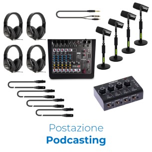 Postazione Podcasting 4 Utenti - Include Microfoni, Cuffie, Mixer Audio, Preamplificatore, Asta da Tavolo e Cavi Audio