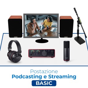 Postazione Podcasting e Streaming Basic - Include Bundle Scheda Audio+Microfono+Cuffia, Casse Audio, Asta da Tavolo e Cavi