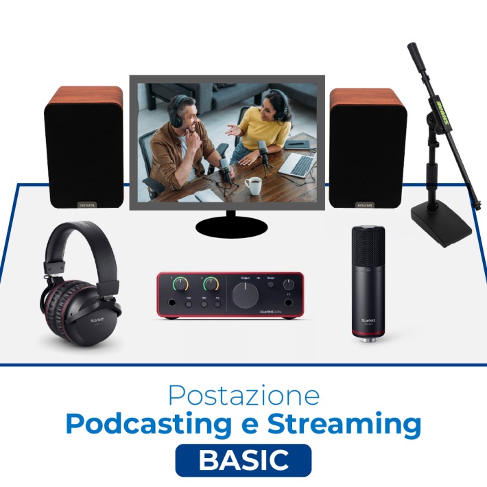 Postazione Podcasting e Streaming Basic - Include Bundle Scheda Audio+Microfono+Cuffia, Casse Audio, Asta da Tavolo e Cavi