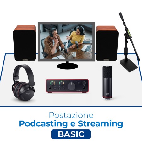 Postazione Podcasting e Streaming Basic - Include Bundle Scheda Audio+Microfono+Cuffia, Casse Audio, Asta da Tavolo e Cavi