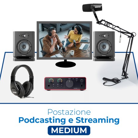 Postazione Podcasting e Streaming Medium - Include Scheda Audio, Casse da Studio, Cuffia, Microfono, Asta da Tavolo e Cavi