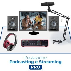 Postazione Podcasting e Streaming Pro - Include Scheda Audio, Cassa da Studi, Cuffia, Microfono, Asta da Tavolo e Cavi