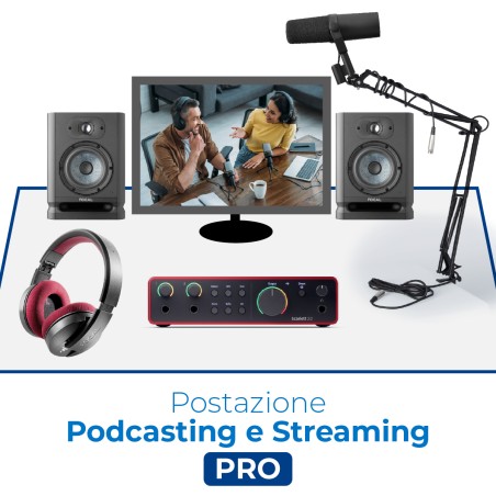 Postazione Podcasting e Streaming Pro - Include Scheda Audio, Cassa da Studi, Cuffia, Microfono, Asta da Tavolo e Cavi
