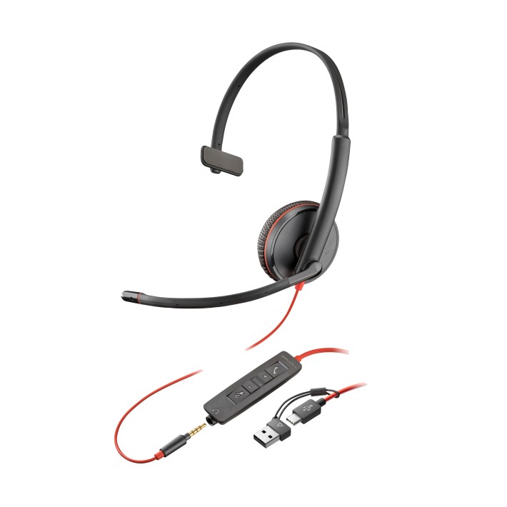 HP Poly Cuffie Poly Blackwire 3215 monoaurali USB-C + spinotto da 3,5 mm + adattatore USB-C/A (sfuse)