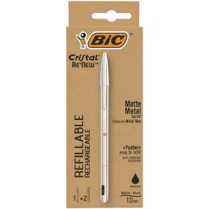 BIC Cristal Re'New, Penna Ricaricabile Nera a Sfera, Fusto in Metallo (Punta 1mm), Confezione 1 Penna + 2 Ricariche