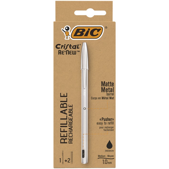 BIC Cristal Re'New, Penna Ricaricabile Nera a Sfera, Fusto in Metallo (Punta 1mm), Confezione 1 Penna + 2 Ricariche