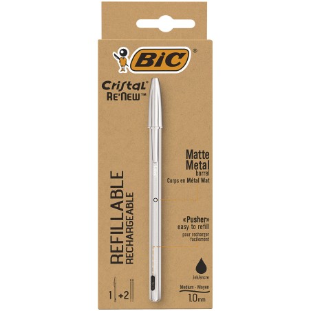 BIC Cristal Re'New, Penna Ricaricabile Nera a Sfera, Fusto in Metallo (Punta 1mm), Confezione 1 Penna + 2 Ricariche