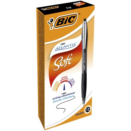 BIC Atlantis Soft Nero Penna a sfera retrattile a clip Medio 12 pz