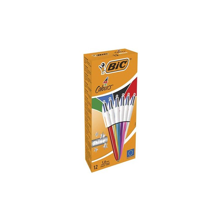 BIC 4 Colours Shine Nero, Blu, Verde, Rosso Penna a sfera retrattile a clip Medio 12 pz