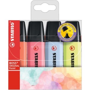 STABILO Evidenziatore - BOSS ORIGINAL Pastel - Astuccio da 4 - Rosso Corallo, Fior di Ciliegio, Azzurro Nuvola, Lime