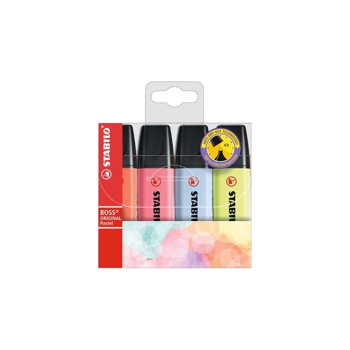 STABILO Evidenziatore - BOSS ORIGINAL Pastel - Astuccio da 4 - Rosso Corallo, Fior di Ciliegio, Azzurro Nuvola, Lime