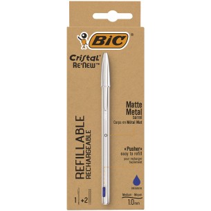 BIC Cristal Re'New, Penna Ricaricabile Blu a Sfera, Fusto in Metallo (Punta 1mm), Confezione 1 Penna + 2 Ricariche