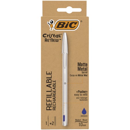 BIC Cristal Re'New, Penna Ricaricabile Blu a Sfera, Fusto in Metallo (Punta 1mm), Confezione 1 Penna + 2 Ricariche