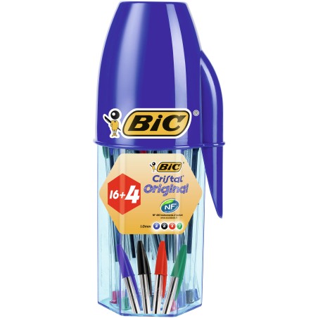 BIC Cristal Original, Penne a Sfera (Punta 1mm), Colori Assortiti, Barattolo 16+4