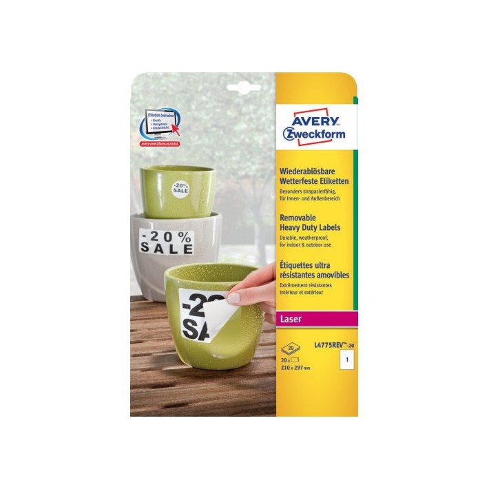 Avery L4775REV-20 etichetta autoadesiva Rettangolo Permanente Bianco 20 pz