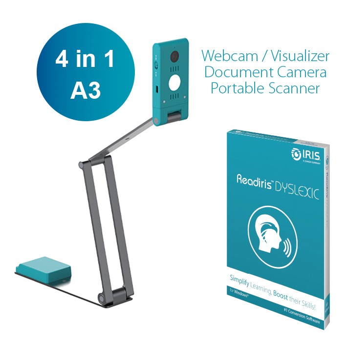 I.R.I.S. IRIScan Visualizer 7 + Readiris Dyslexic 2.0 Scanner aereo 4160 x 3120 DPI A3 Blu artico, Argento
