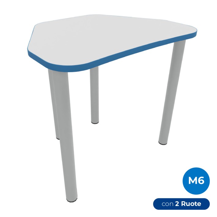 Tavolo Pino Trapezio 4 Gambe in Melaminico con 2 Ruote - Dimensioni 75,5 x 58,5 x 76 cm - Colore Piano Bianco con Bordo Blu