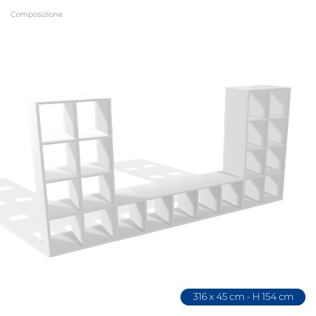 COMPOSIZIONI EDERA Armadio Composto 4 Moduli Rettangolari Stretti e 5 Moduli Rettangolari -Dimensione 316x45x154cm-Colore Bianco