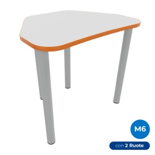 Tavolo Pino Trapezio 4 Gambe in Melaminico con 2 Ruote - Dimensioni 75,5 x 58,5 x 76cm - Colore Piano Bianco con Bordo Arancione