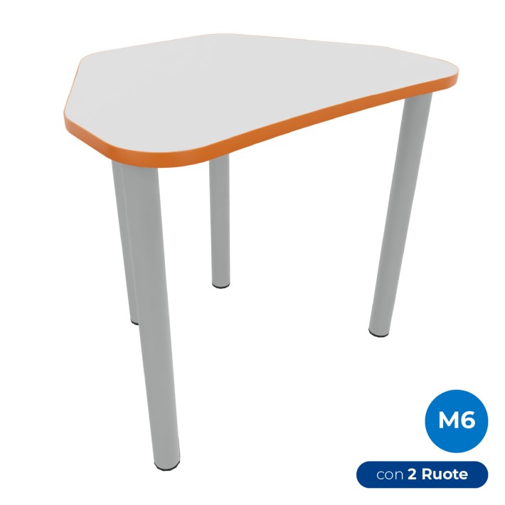 Tavolo Pino Trapezio 4 Gambe in Melaminico con 2 Ruote - Dimensioni 75,5 x 58,5 x 76cm - Colore Piano Bianco con Bordo Arancione