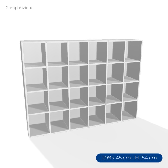 COMPOSIZIONI EDERA Armadio con Fondo Composto da 6 Moduli Rettangolari Stretti  - Dimensioni 208 x 45 x 15 cm - Colore Bianco