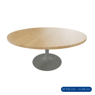 Tavolo Tiglio Circolare in Melaminico con Base a Calice - Altezza 48,2 cm - Colore Piano Rovere - Colore Struttura Grigio