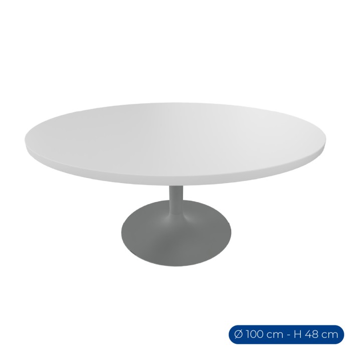 Tavolo Tiglio Circolare in Melaminico con Base a Calice - Altezza 48,2 cm - Colore Piano Bianco - Colore Struttura Grigio