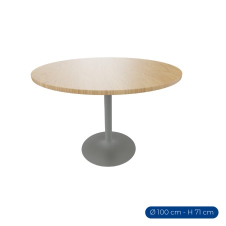 Tavolo Tiglio Circolare in Melaminico con Base a Calice - Altezza 71,2 cm - Colore Piano Rovere - Colore Struttura Grigio