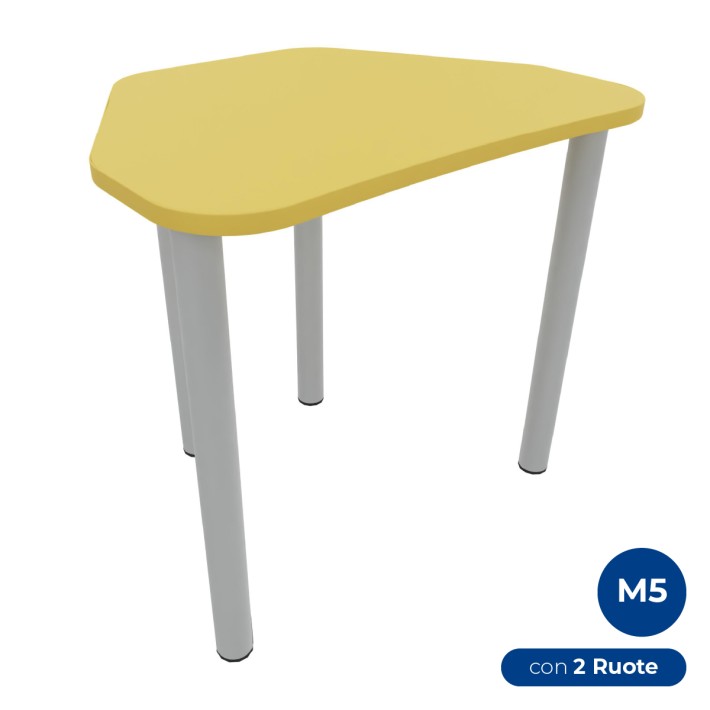 Tavolo Pino Trapezio 4 Gambe in Melaminico con 2 Ruote - Dimensioni 75,5 x 58,5 x 71 cm - Colore Piano Giallo con Bordo Giallo