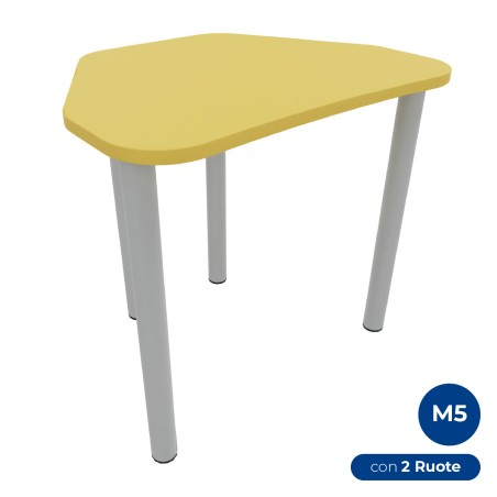 Tavolo Pino Trapezio 4 Gambe in Melaminico con 2 Ruote - Dimensioni 75,5 x 58,5 x 71 cm - Colore Piano Giallo con Bordo Giallo