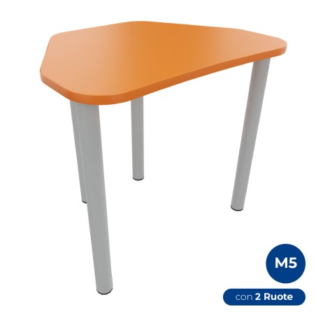 Tavolo Pino Trapezio 4 Gambe in Melaminico con 2 Ruote - Dimensioni 75,5 x 58,5 x 71 cm - Colore Piano e Bordo Arancione