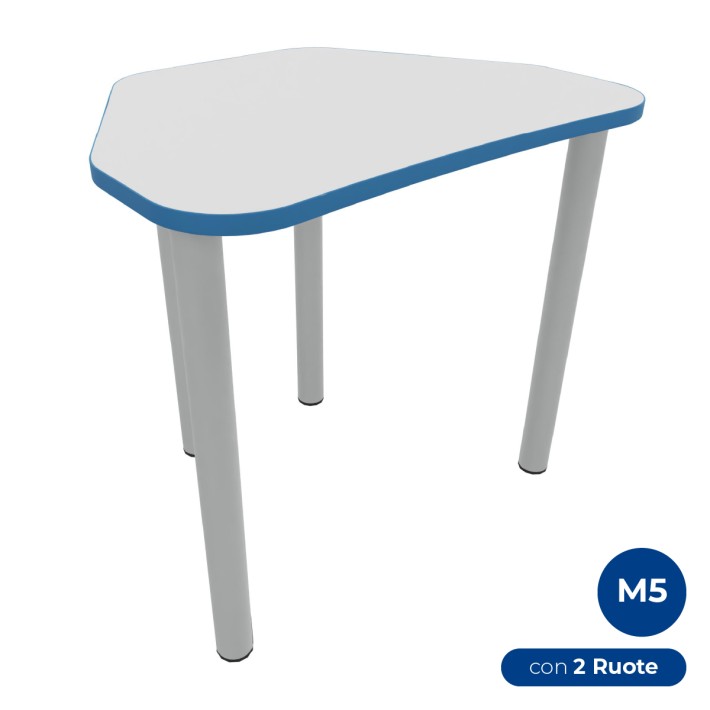 Tavolo Pino Trapezio 4 Gambe in Melaminico con 2 Ruote - Dimensioni 75,5 x 58,5 x 71 cm - Colore Piano Bianco con Bordo Blu