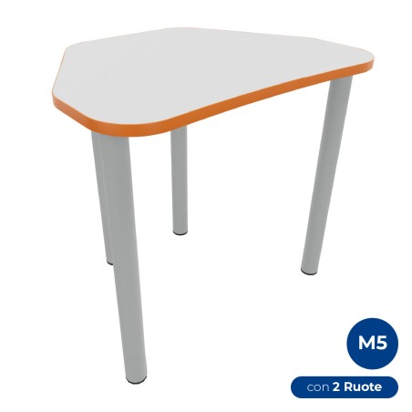 Tavolo Pino Trapezio 4 Gambe in Melaminico con 2 Ruote - Dimensioni 75,5 x 58,5 x 71cm - Colore Piano Bianco con Bordo Arancione