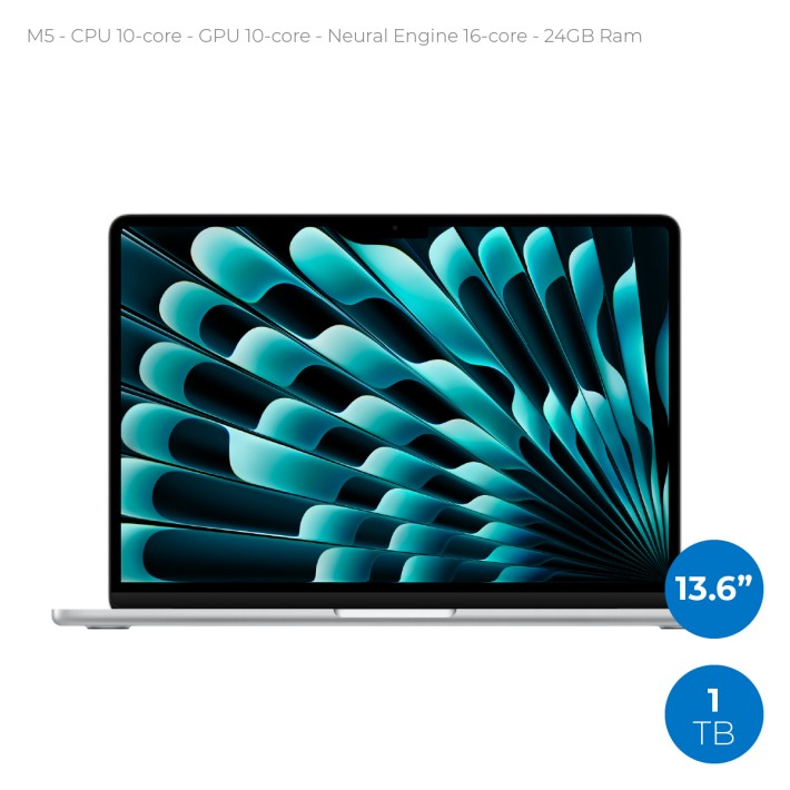 Notebook 13.6" - Apple MacBook Air - M5 CPU 10‑core  GPU 10‑core - Ram 24GB - SSD 1TB - MacOs Tahoe - Silver