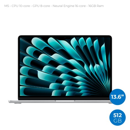 Apple MacBook Air 13.6" - M5 CPU 10 ‑ GPU 8 - Ram 16GB - 512GB SSD - Silver (Argento) - Alimentatore 30W non incluso
