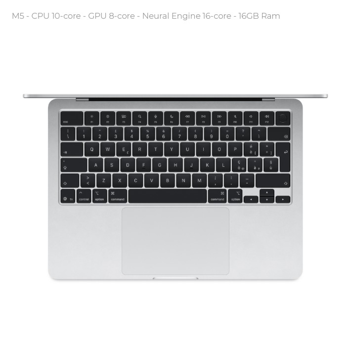 Apple MacBook Air 13.6" - M5 CPU 10 ‑ GPU 8 - Ram 16GB - 512GB SSD - Silver (Argento) - Alimentatore 30W non incluso