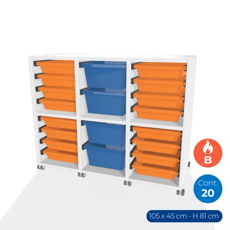Carrello a 2 Comparti con Ruote in Truciolare Superficie Ignifuga B-s1.d0 - Dimensioni 105 x 45 x 81 cm - con 20 Contenitori