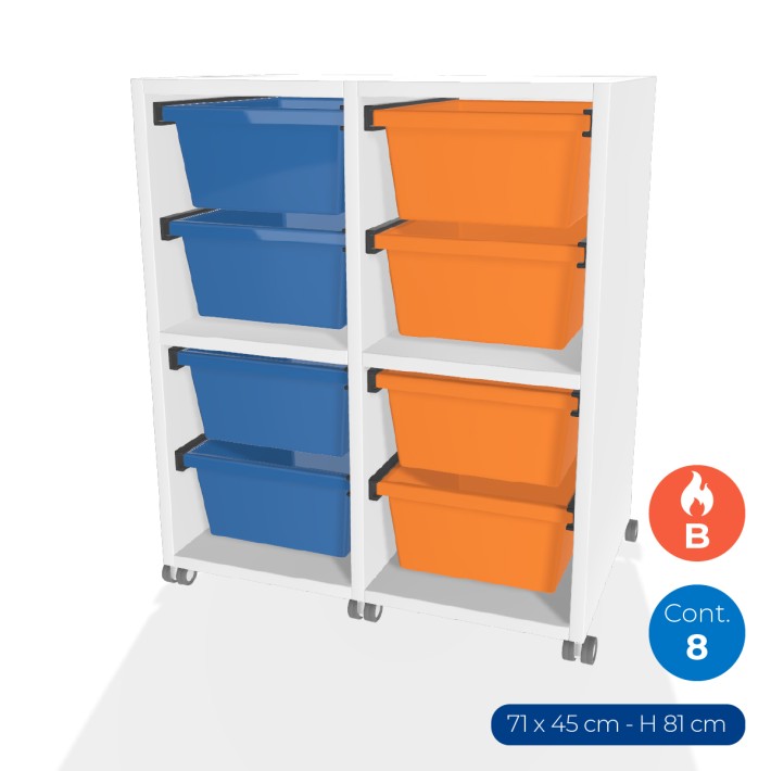 Carrello Edera a 2 Comparti con Ruote in Truciolare Ignifugo - Dimensioni 71 x 45 x 81 cm - con 8 Contenitori - Colore Bianco