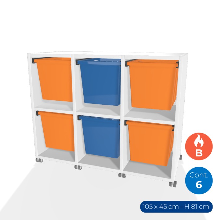 Carrello a 2 Comparti con Ruote in Truciolare Superficie Ignifuga B-s1.d0 - Dimensioni 105 x 45 x 81 cm - con 6 Contenitori