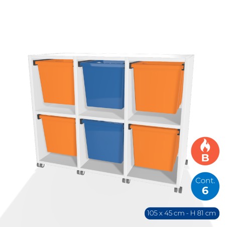 Carrello a 2 Comparti con Ruote in Truciolare Superficie Ignifuga B-s1.d0 - Dimensioni 105 x 45 x 81 cm - con 6 Contenitori