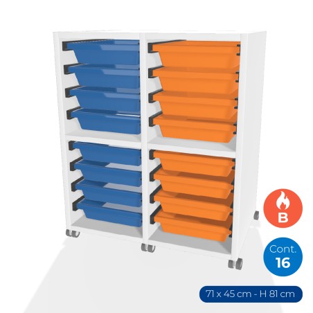 Carrello Edera a 2 Comparti con Ruote in Truciolare Ignifugo - Dimensioni 71 x 45 x 81 cm - con 16 Contenitori - Colore Bianco