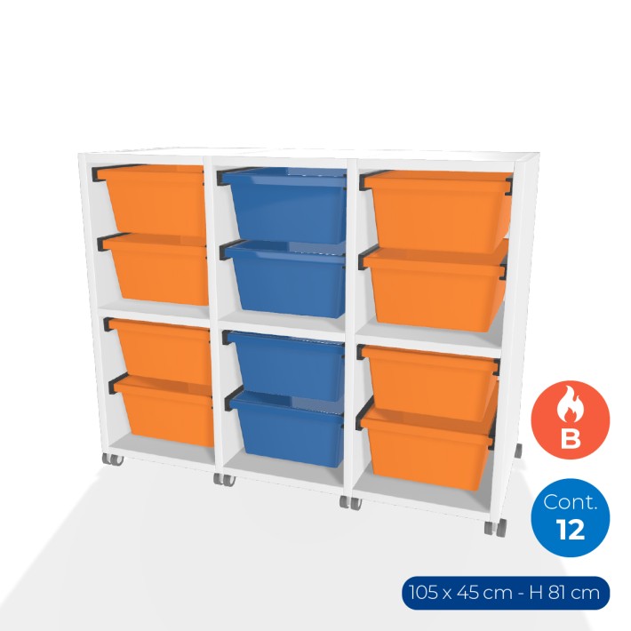 Carrello a 2 Comparti con Ruote in Truciolare Superficie Ignifuga B-s1.d0 - Dimensioni 105 x 45 x 81 cm - con 12 Contenitori