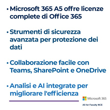Microsoft 365 A5 for faculty NCE - 1 licenza per 1 utente ( docente - segreteria - ata - tecnici) – abbonamento 1 anno