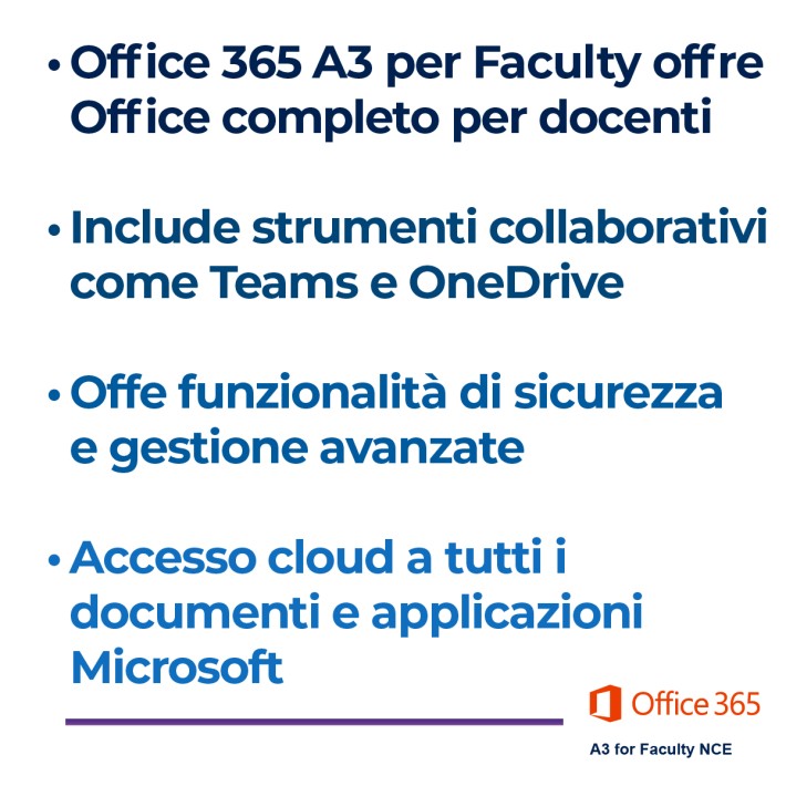 Office 365 A3 for Faculty NCE - 1 licenza per 1 utente ( Docente - Segreteria - Ata - Tecnici) –Abbonamento 1 Anno