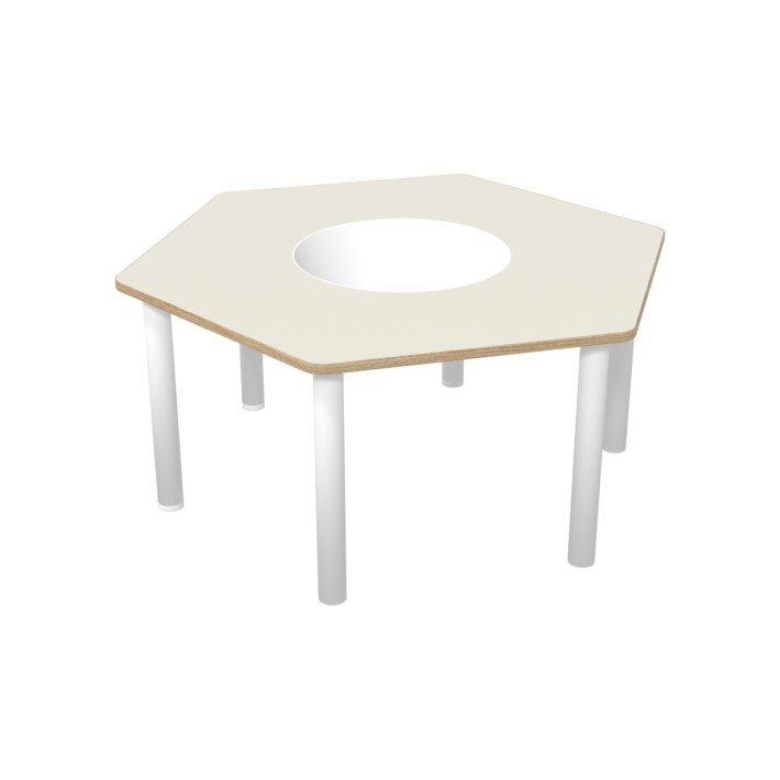 Tavolo Bebe Esagonale in Melaminico con Foro Centrale per Contenitore di Plastica e Piedini - Dimensioni 130 x 114 x 58 cm -